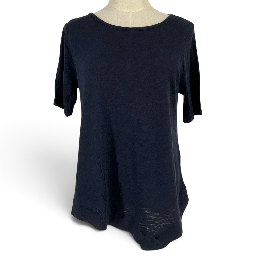 Chicos Navy Blue Slub Knit Scoop Neck Short Sleeve Top Sz 1 Medium Cotton Blend